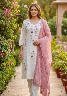 Off White Embroidery Silk Kurta Set