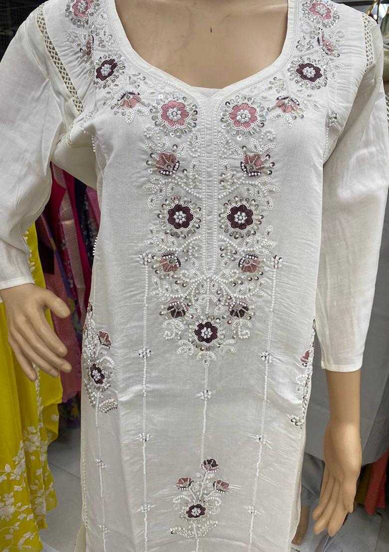 Off White Embroidery Silk Kurta Set - Indya