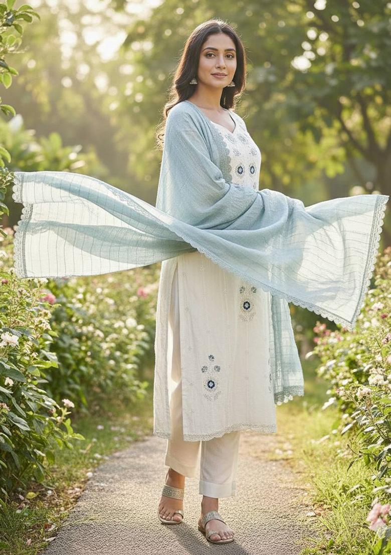 Off White Embroidery Silk Kurta Set - Indya