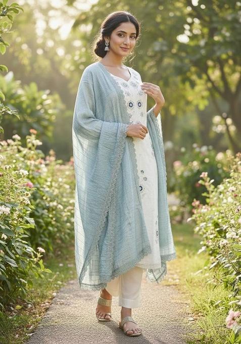 Off White Embroidery Silk Kurta Set