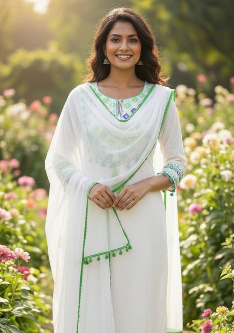 White Embroidery Cotton Kurta Set - Indya