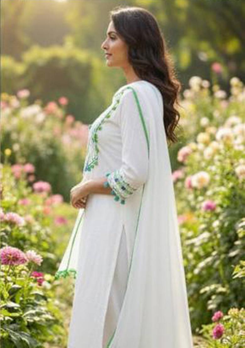 White Embroidery Cotton Kurta Set - Indya