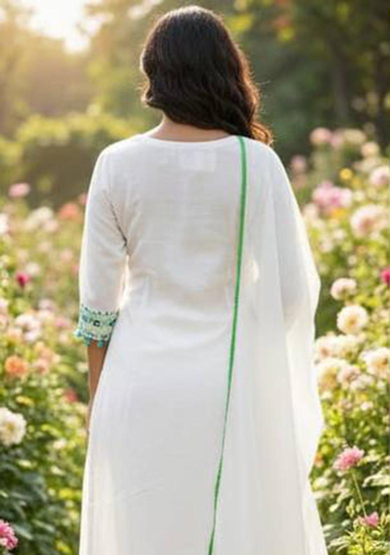 White Embroidery Cotton Kurta Set - Indya
