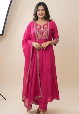 Magenta Embroidery Silk Kurta Set