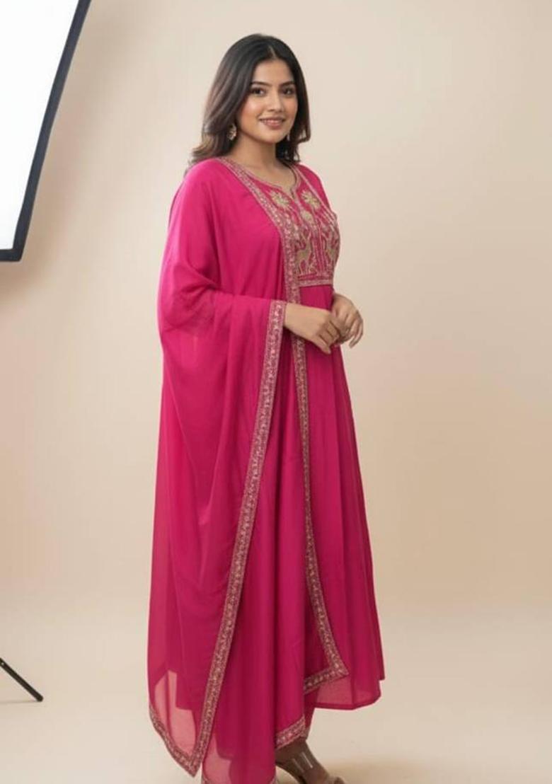Magenta Embroidery Silk Kurta Set - Indya