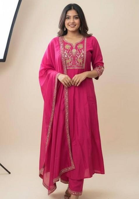 Magenta Embroidery Silk Kurta Set