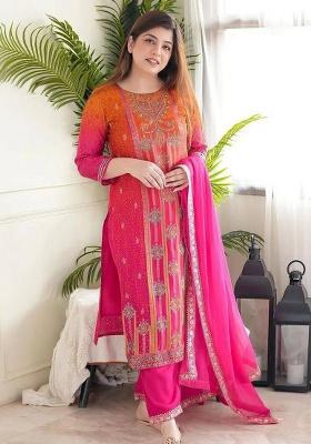 Magenta Orange Self Design Cotton Kurta Set