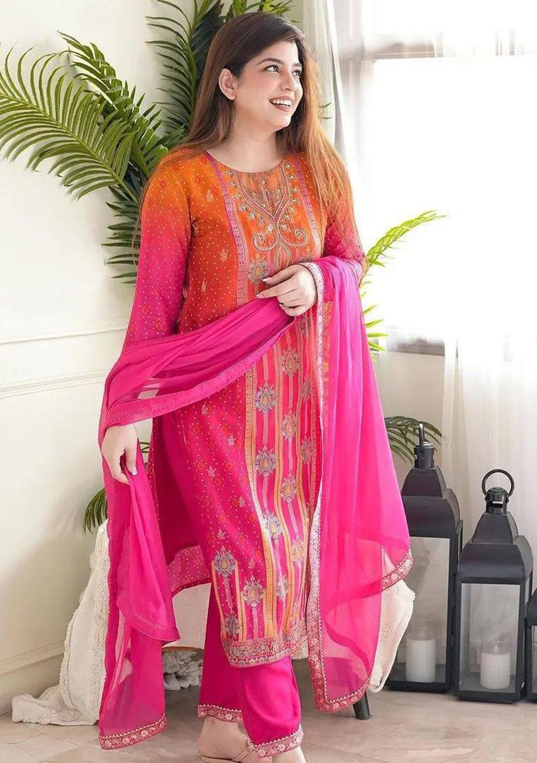 Magenta Orange Self Design Cotton Kurta Set - Indya