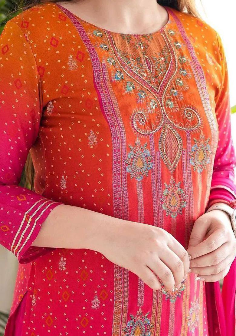 Magenta Orange Self Design Cotton Kurta Set - Indya