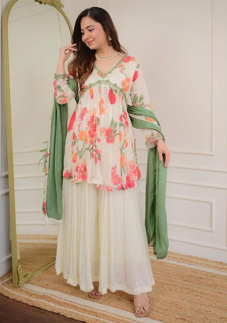 White Embroidery Georgette Kurta Set - Indya