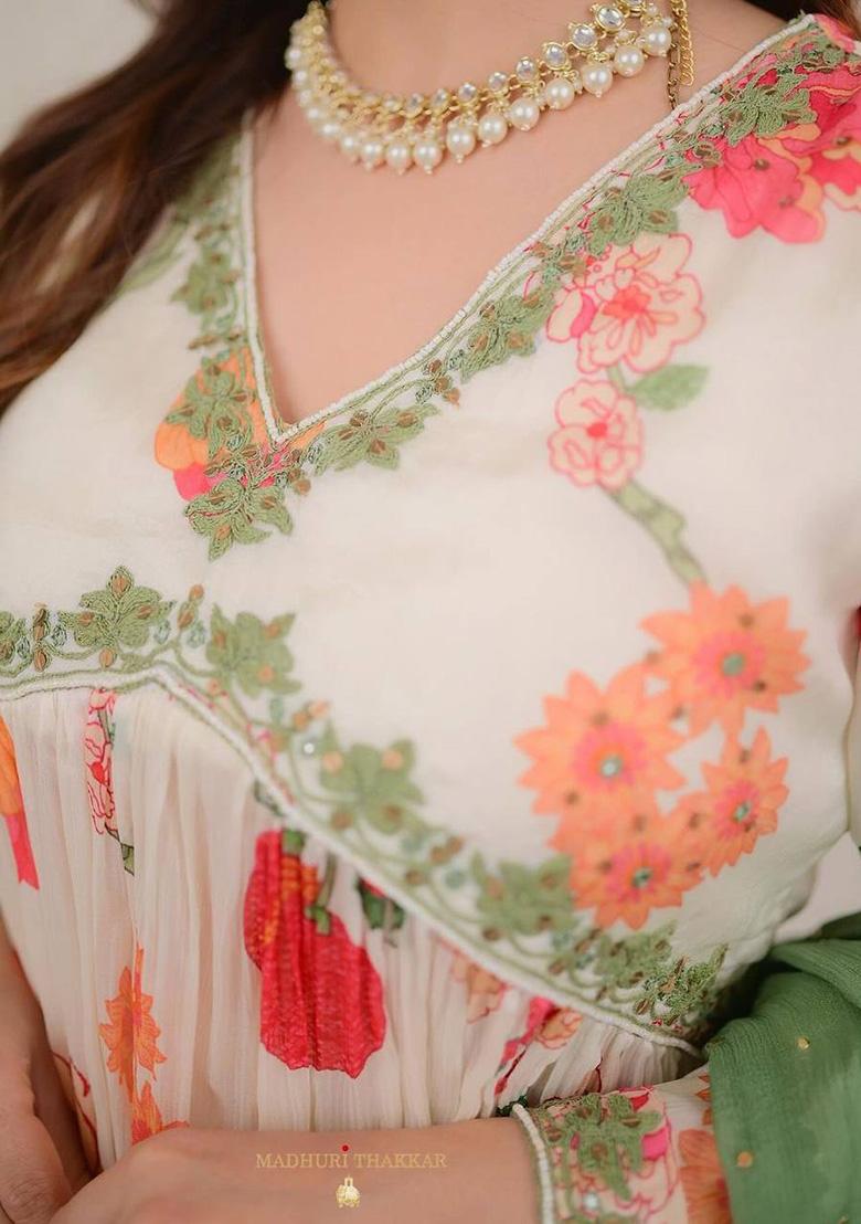 White Embroidery Georgette Kurta Set - Indya