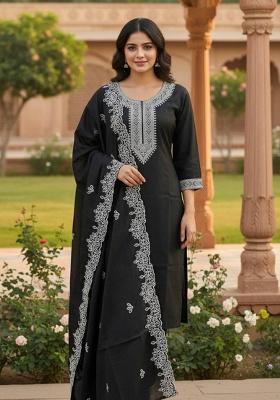 Black Embroidery Silk Kurta Set