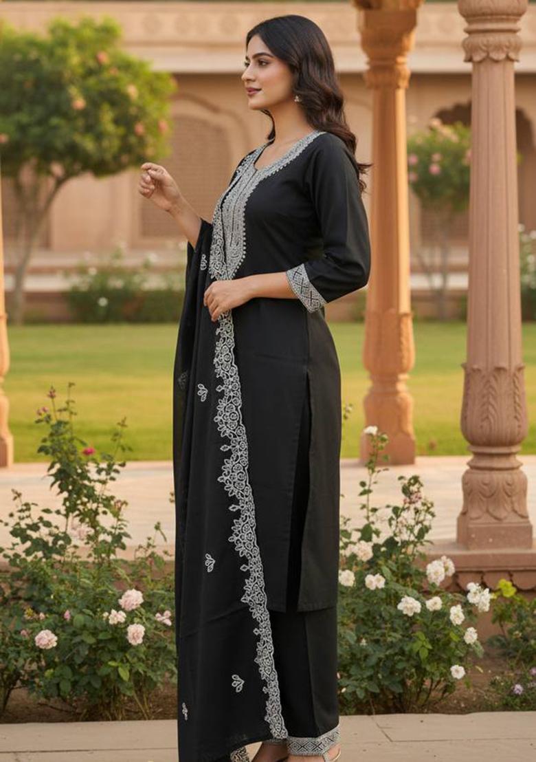 Black Embroidery Silk Kurta Set - Indya
