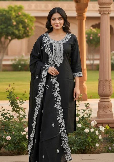 Black Embroidery Silk Kurta Set