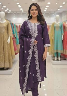 Wine Embroidery Silk Kurta Set