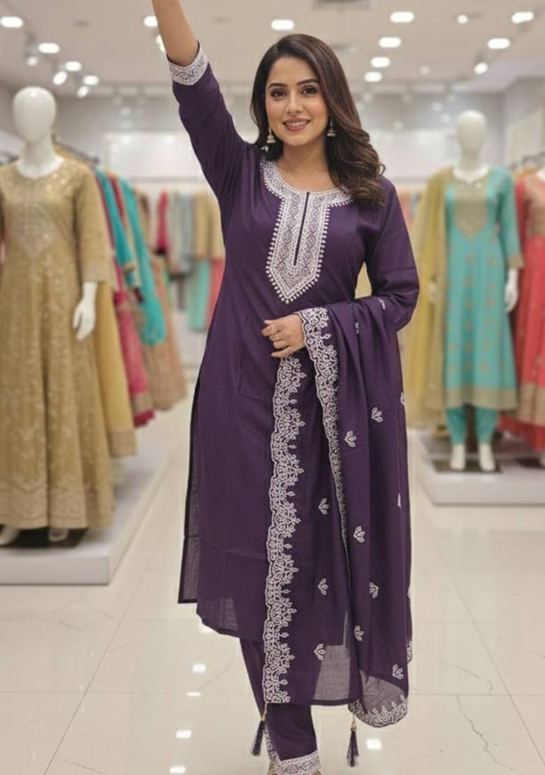 Wine Embroidery Silk Kurta Set - Indya