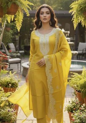 Yellow Embroidery Silk Kurta Set