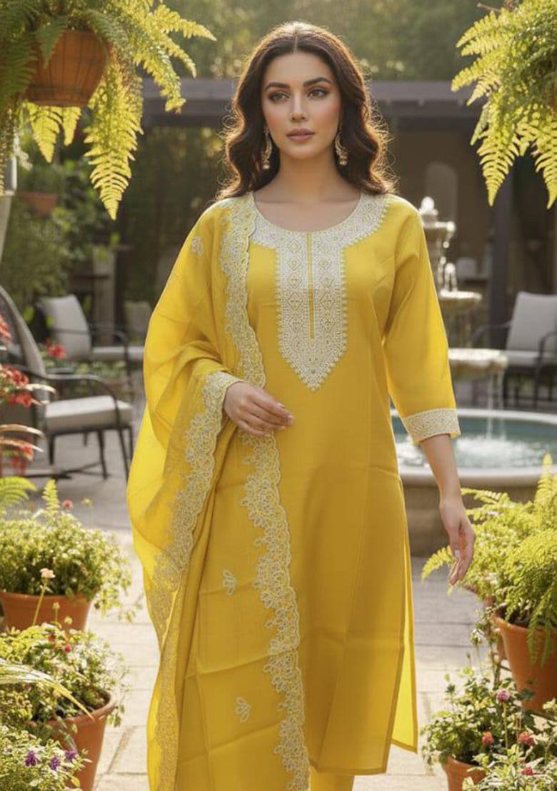Yellow Embroidery Silk Kurta Set - Indya