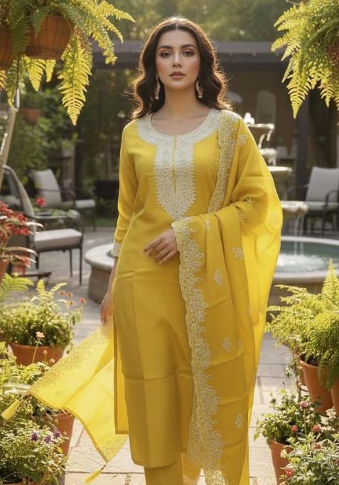 Yellow Embroidery Silk Kurta Set