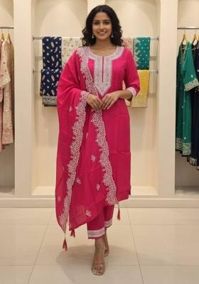 Magenta Embroidery Silk Kurta Set