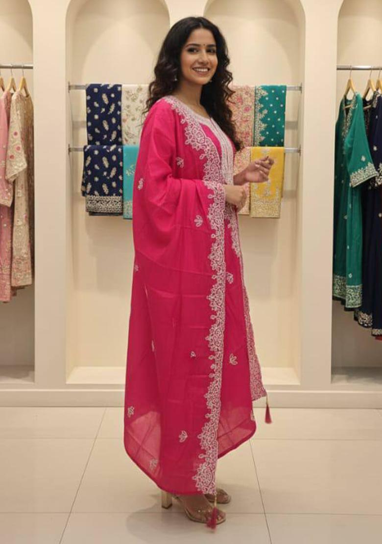 Magenta Embroidery Silk Kurta Set - Indya