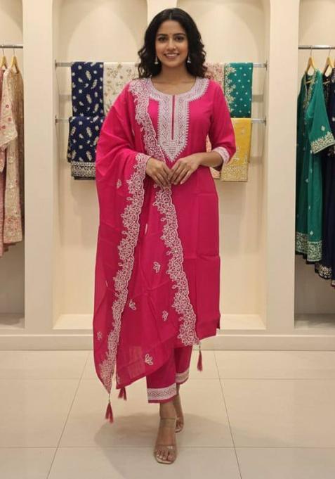 Magenta Embroidery Silk Kurta Set