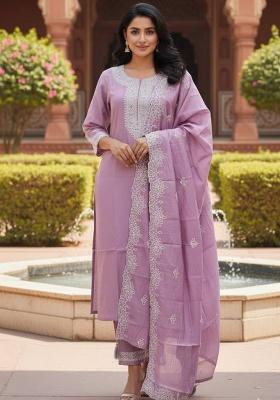 Lavender Embroidery Silk Kurta Set