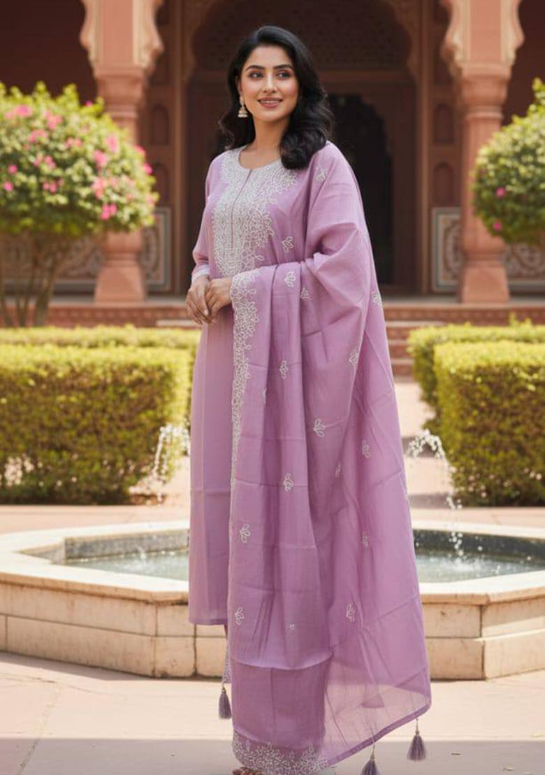 Lavender Embroidery Silk Kurta Set - Indya