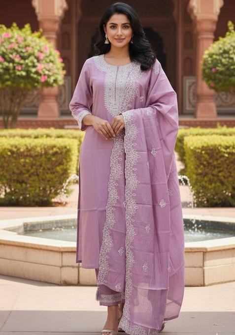 Lavender Embroidery Silk Kurta Set