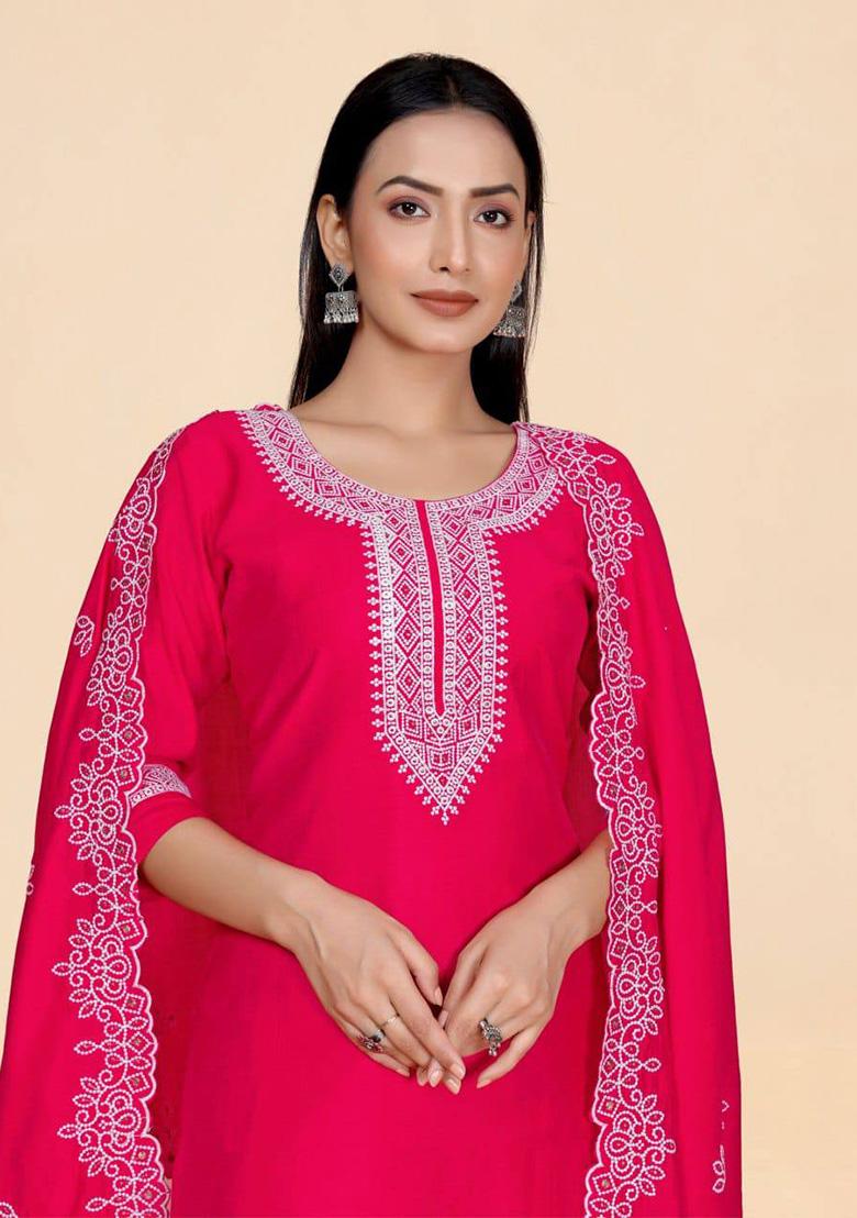 Magenta Embroidery Silk Kurta Set - Indya