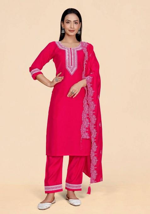 Magenta Embroidery Silk Kurta Set