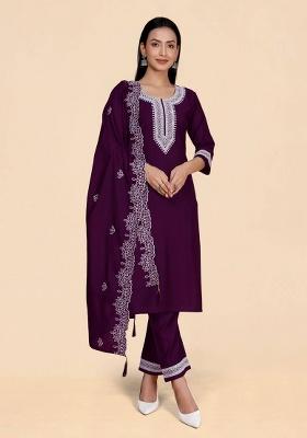 Wine Embroidery Silk Kurta Set