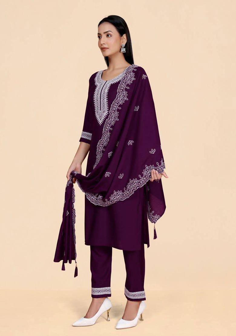 Wine Embroidery Silk Kurta Set - Indya