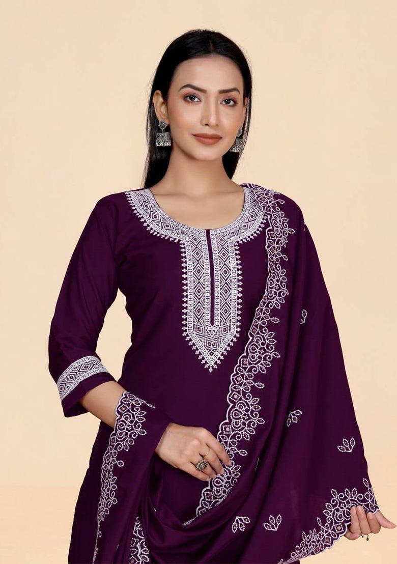 Wine Embroidery Silk Kurta Set - Indya