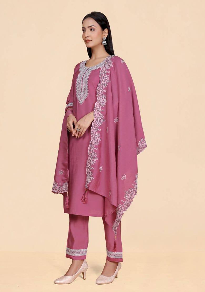 Pink Embroidery Silk Kurta Set - Indya