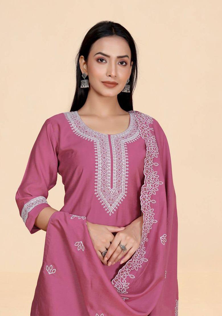 Pink Embroidery Silk Kurta Set - Indya