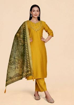 Mustard Self Design Viscose Kurta Set