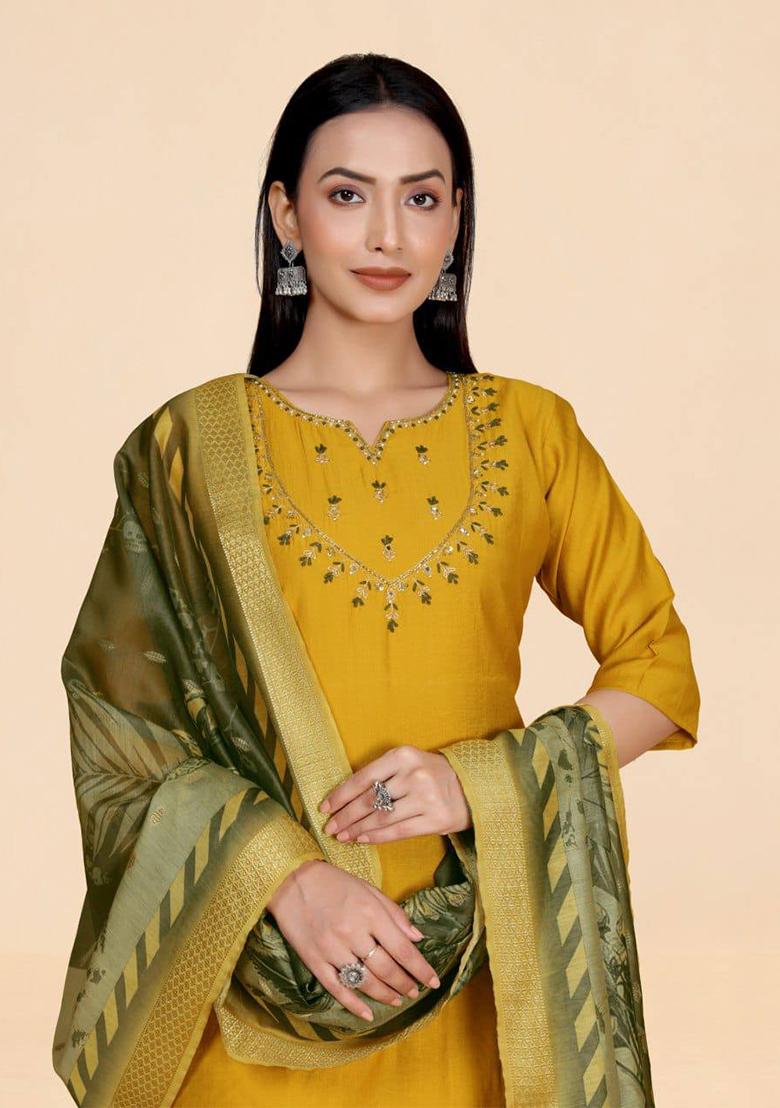 Mustard Self Design Viscose Kurta Set - Indya