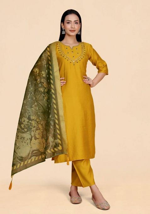 Mustard Self Design Viscose Kurta Set