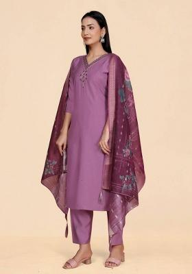 Lavender Self Design Viscose Kurta Set