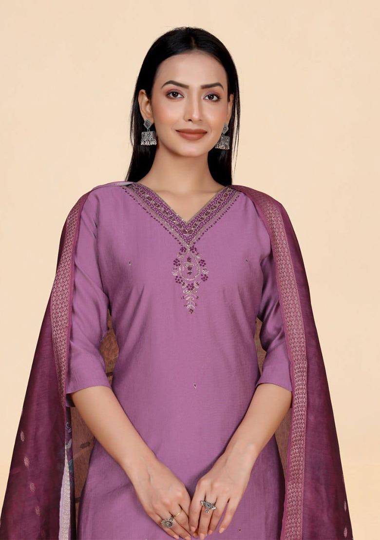 Lavender Self Design Viscose Kurta Set - Indya