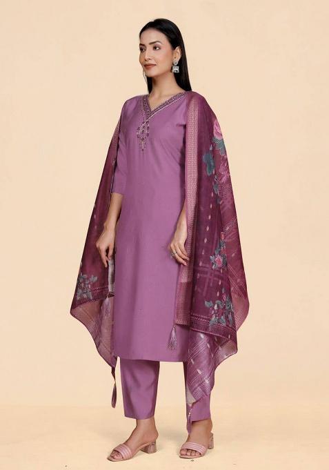 Lavender Self Design Viscose Kurta Set