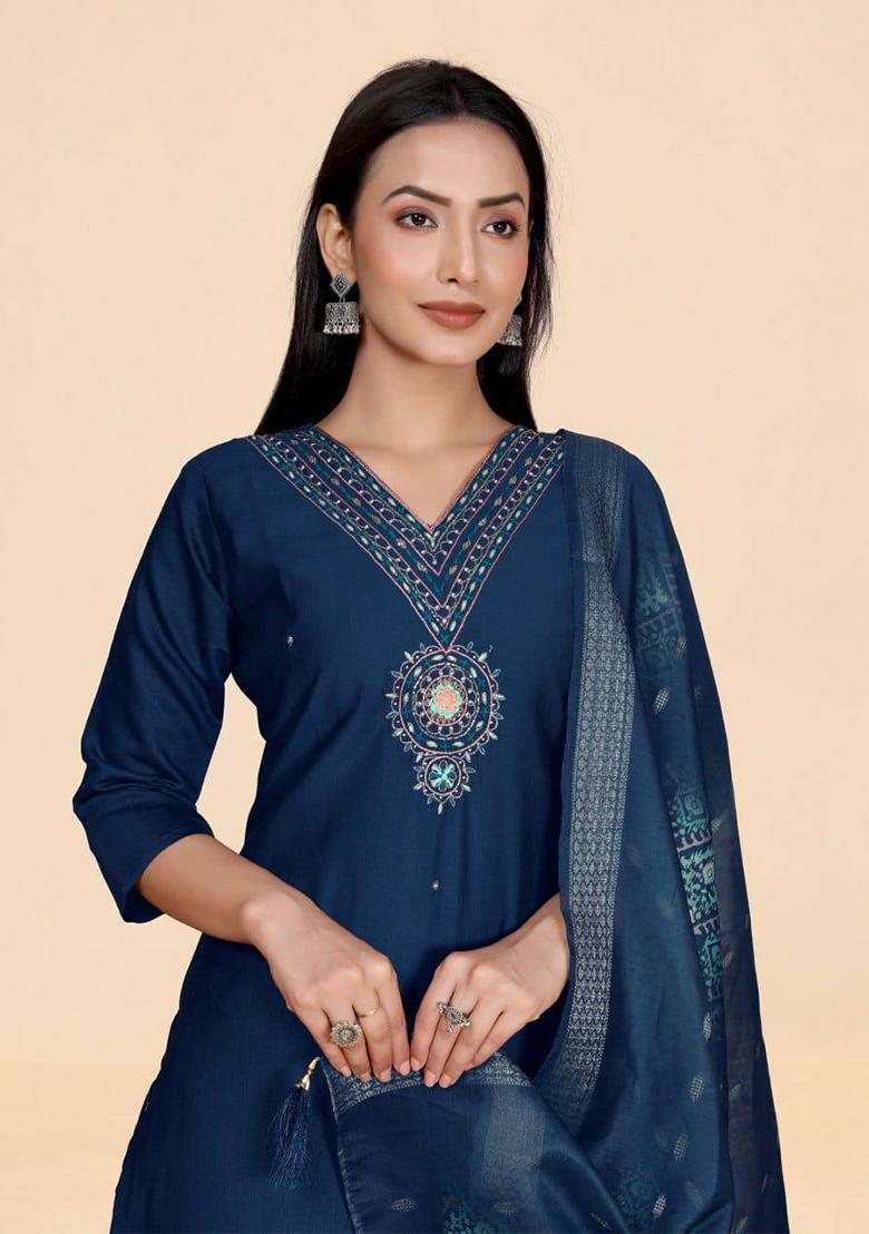 Navy Blue Self Design Viscose Kurta Set - Indya