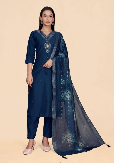 Navy Blue Self Design Viscose Kurta Set