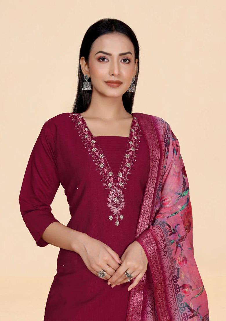 Magenta Self Design Viscose Kurta Set - Indya