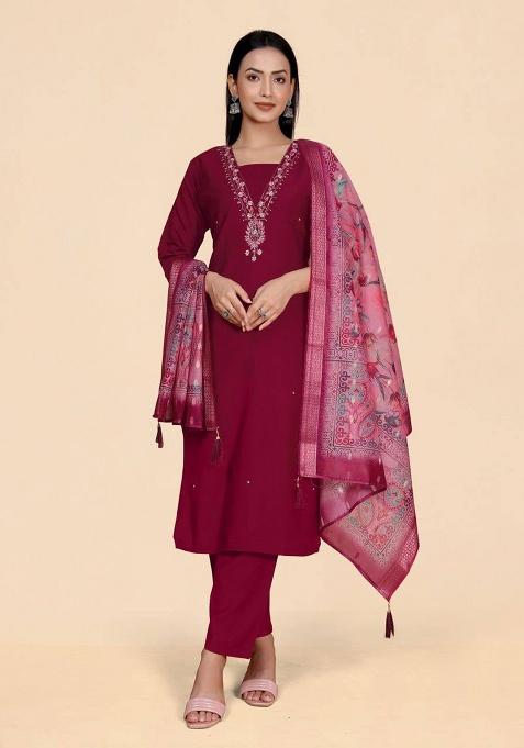 Magenta Self Design Viscose Kurta Set