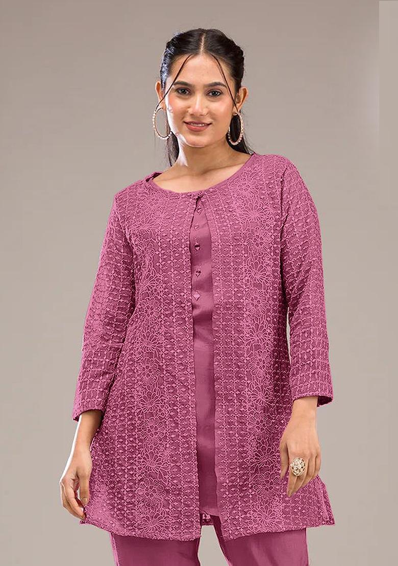 Pink Motif Georgette Kurta Set - Indya