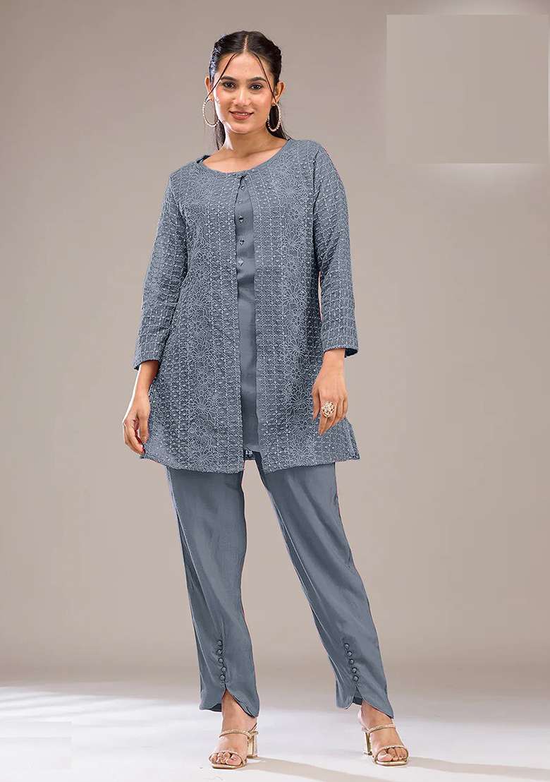 Grey Chikankari Georgette Co Ord Set - Indya