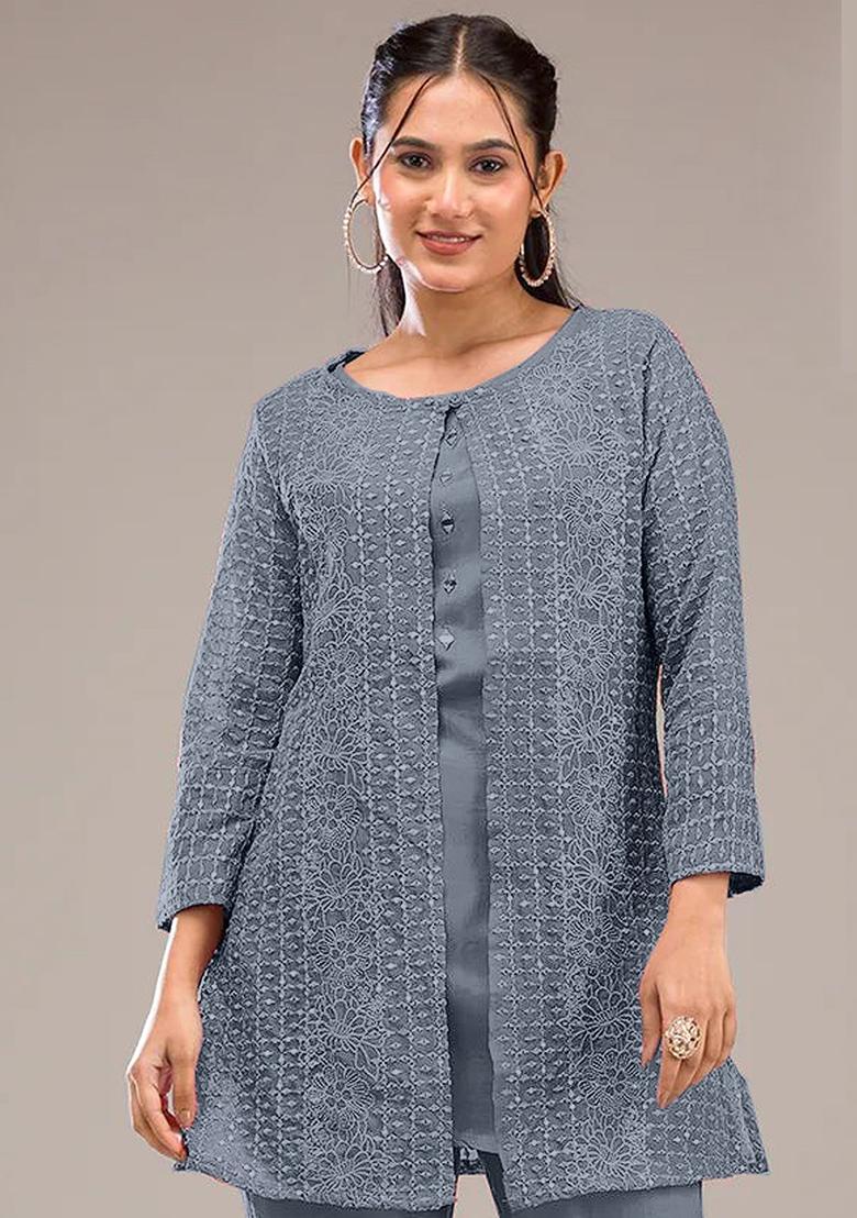Grey Motif Georgette Kurta Set - Indya