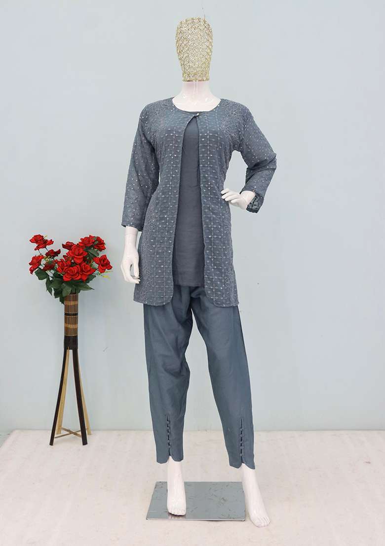 Grey Chikankari Georgette Co Ord Set - Indya